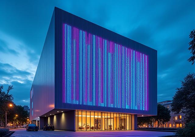 ビル壁面に設置された幾何学的な光のインスタレーション