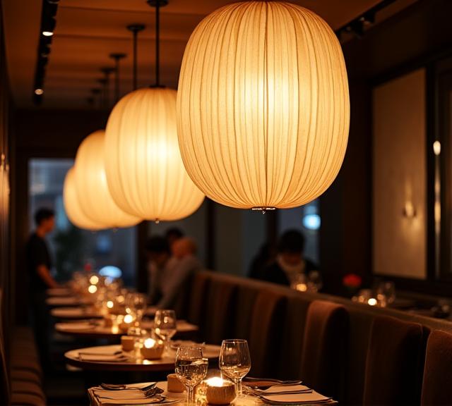 銀座の高級料亭の店内に吊るされた、和紙で作られたモダンなデザインの大型提灯